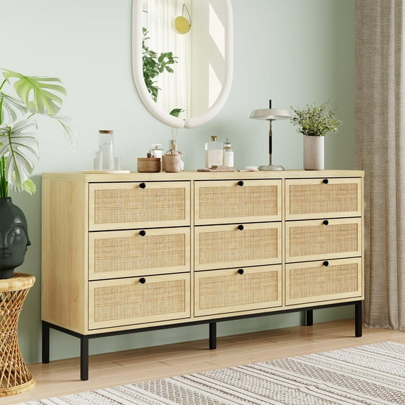 Brafabhome Rattan 9 Drawers Double Dresser Chest, Modern Wicker Chest with Sturdy Steel Legs for Bedroom Living Room Hallway | Beige