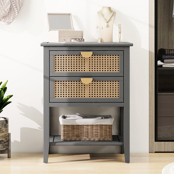Natural Rattan, Aging Aesthetic - Drawer with Bottom Slide, Smooth Function - Study Organization - Efficient Storage