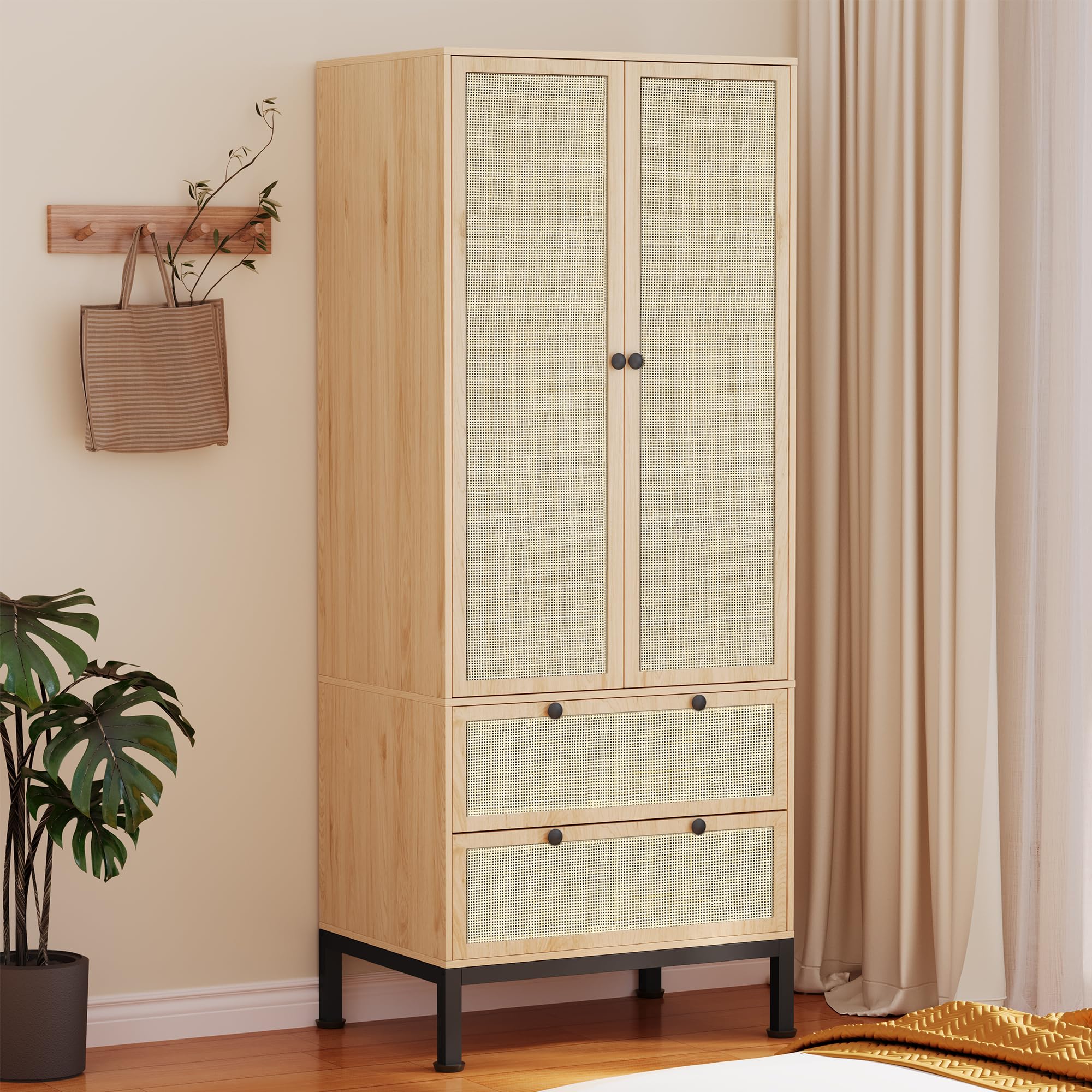 Natural Rattan Armoire Wardrobe Closet with 2 Doors, Large Armoire