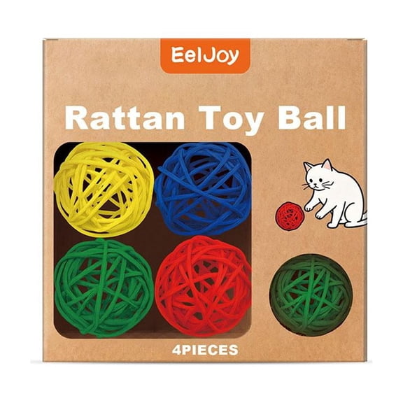Natural Rattan Balls for Cats, 4-Pack Cat Chew Toys, Scratch Resistant Balls for Kittens, Interactive Toys for Indoor Cats to Play Alone or with Owner