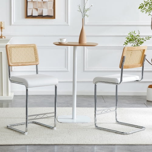 Natural Rattan Bar Stools Set of 2, 25" Counter Height Bar Chairs with Solid Wood Backrest, Medieval Modern Kitchen Stools with White PU Leather Cushion and Chrome Metal Legs
