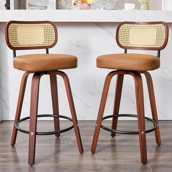 Natural Rattan Bar Stools Set of 2,Upholstered PU Leather Counter Height Barstools with Back and Bent Wood Legs,360°Swivel,Mid-Century Modern Bar Stool for Kitchen Island Dining Room and Bar(Brown)