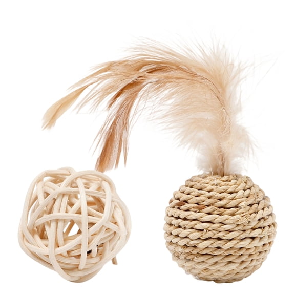 Natural Rattan Bell Ball Cat Toy with Feathers Interactive Sound Making Rolling Chasing Toy for Indoor Cats Kittens Durable Weave Pet Activity Play Accessory Model Khaki - Khaki