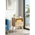 thumbnail image 1 of Natural Rattan Boho Side Table - Bedside Nightstand with Drawer & Open Shelf, Solid Wood Legs for Bedroom Dorm Small Spaces, 1 of 5