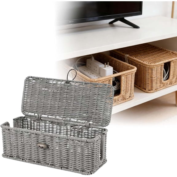 Natural Rattan Cable Management Box for Power Strips, Decorative Cord Hider Basket