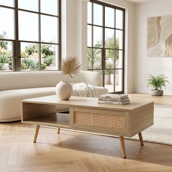 Natural Rattan Coffee Table with Sliding Door and Solid Wood Legs