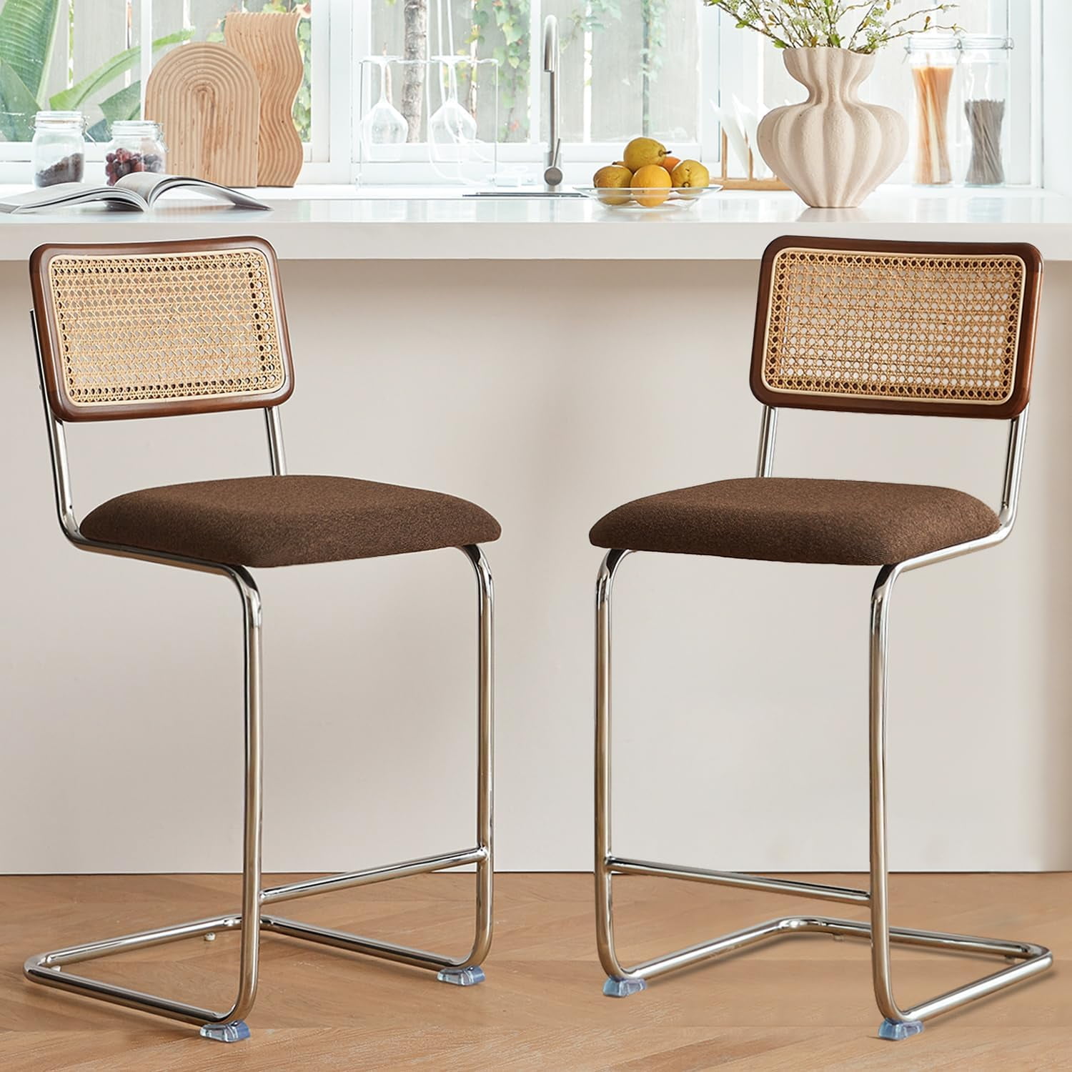 Natural Rattan Counter Height Stools Set of 2 with Solid Wood Back, 24 ...