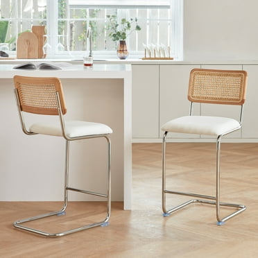 Natural Rattan Counter Height Stools Set of 2 with Solid Wood Back, 24 Inch Mid Century Modern Cesca Bar Stools, White Upholstery Boho Stool for Kitchen Counter with Chrome Metal Legs