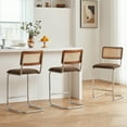thumbnail image 1 of Natural Rattan Counter Height Stools Set of 3 with Solid Wood Back, 24 Inch Mid Century Modern Cesca Bar Stools, Brown Upholstery Boho Stool for Kitchen Counter with Chrome Metal Legs, 1 of 7