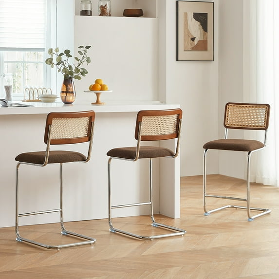 Natural Rattan Counter Height Stools Set of 3 with Solid Wood Back, 24 Inch Mid Century Modern Cesca Bar Stools, Brown Upholstery Boho Stool for Kitchen Counter with Chrome Metal Legs