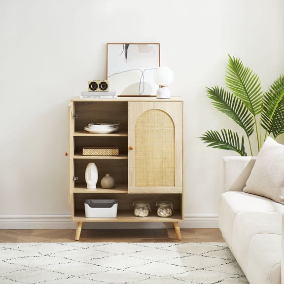 Natural Rattan Decorated 2 Doors Sideboard Buffet Cabinet, Rattan Storage Cabinet with 4-Tier Adjustable Shelves, for Living Room, Entryway, Dining Room and Kitchen, Oak Color