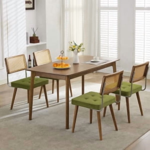 Natural Rattan Dining Chair, Modern Boho Kitchen Chair withWood Back & Legs, Upholstered Seat,PU Upholstered Kitchen Chairs with Tall Cane Backrest and Strong Wood Legs Ideal for Kitchen or Din