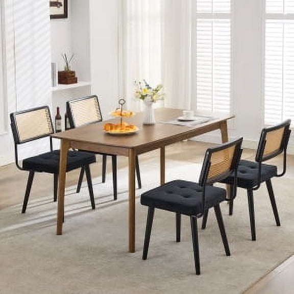 Natural Rattan Dining Chair, Modern Boho Kitchen Chair withWood Back & Legs, Upholstered Seat,PU Upholstered Kitchen Chairs with Tall Cane Backrest and Strong Wood Legs Ideal for Kitchen or Din