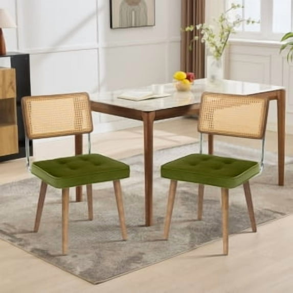 Natural Rattan Dining Chair, Modern Boho Kitchen Chair withWood Back & Legs, Upholstered Seat,PU Upholstered Kitchen Chairs with Tall Cane Backrest and Strong Wood Legs Ideal for Kitchen or Din