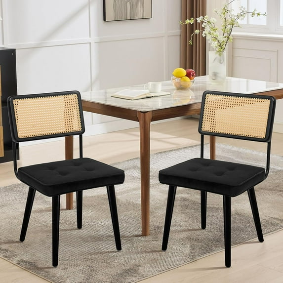 Natural Rattan Dining Chair, Modern Boho Kitchen Chair withWood Back & Legs, Upholstered Seat,PU Upholstered Kitchen Chairs with Tall Cane Backrest and Strong Wood Legs Ideal for Kitchen or Din