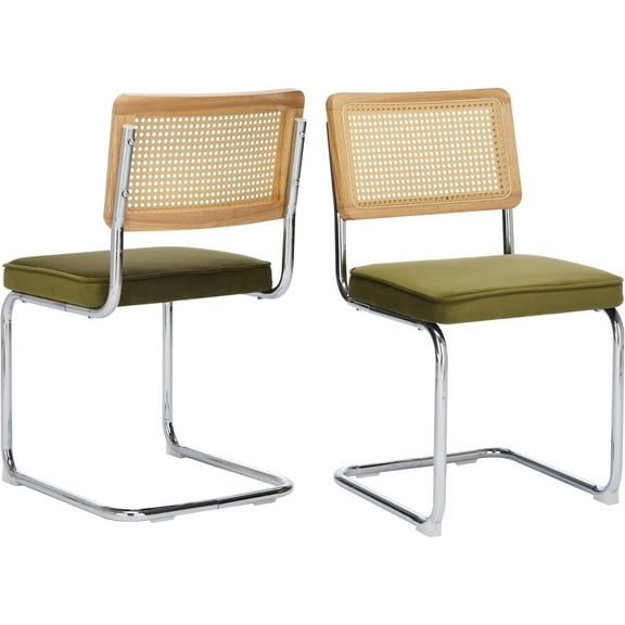 Natural Rattan Dining Chairs Set of 2/4/6, Upholstered Mid-Century Modern Dining Room Chairs with Cane Backrest, Retro Velvet Kitchen Chairs with Chrome Base