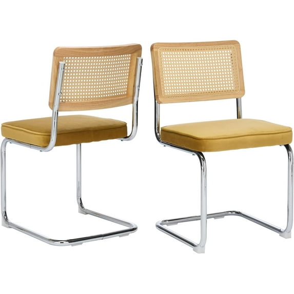 Natural Rattan Dining Chairs Set of 2/4/6, Upholstered Mid-Century Modern Dining Room Chairs with Cane Backrest, Retro Velvet Kitchen Chairs with Chrome Base