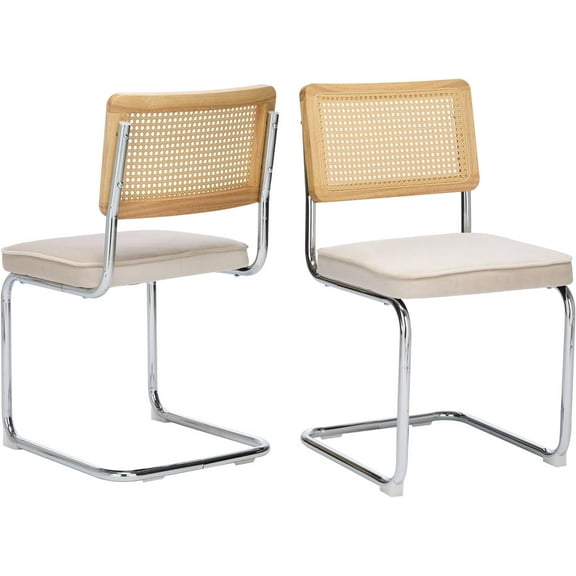 Natural Rattan Dining Chairs Set of 2/4/6, Upholstered Mid-Century Modern Dining Room Chairs with Cane Backrest, Retro Velvet Kitchen Chairs with Chrome Base