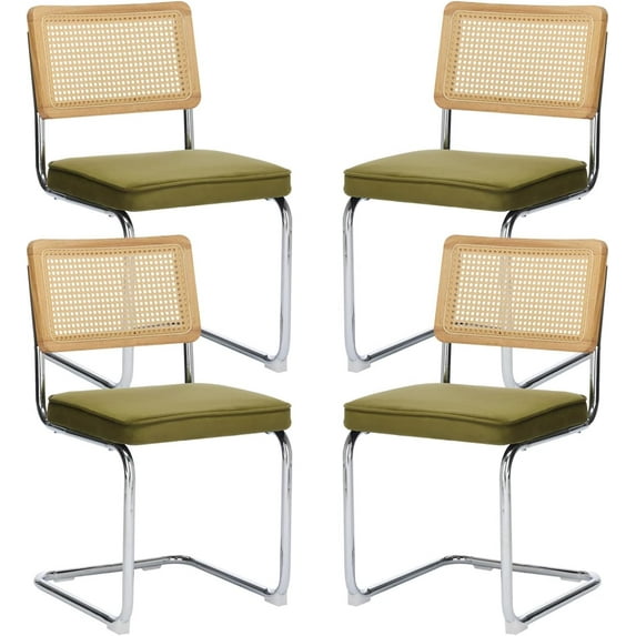 Natural Rattan Dining Chairs Set of 2/4/6, Upholstered Mid-Century Modern Dining Room Chairs with Cane Backrest, Retro Velvet Kitchen Chairs with Chrome Base