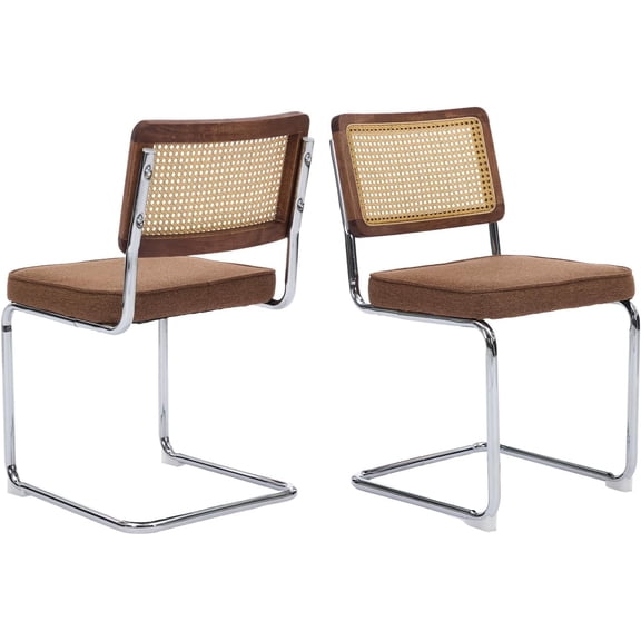 Natural Rattan Dining Chairs Set of 2/4/6, Upholstered Mid-Century Modern Dining Room Chairs with Cane Backrest, Retro Velvet Kitchen Chairs with Chrome Base