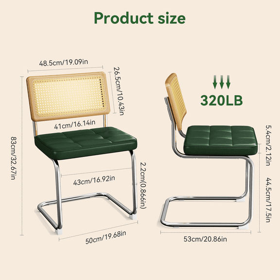 Natural Rattan Dining Chairs Set of 2, Modern Dining Room Chairs with Solid Wood Back for Kitchen Living Room, Mid Century Breuer Design Inspired, Upholstered Faux Leather (Green)