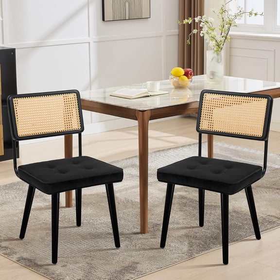 Natural Rattan Dining Chairs Set of 2, Velvet Upholstered Kitchen Chairs with Tall Cane Backrest and Strong Wood Legs for Dining Room, Kitchen, Restaurant, Black