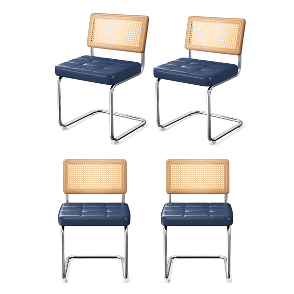 Natural Rattan Dining Chairs Set of 4, Modern Dining Room Chairs with Solid Wood Back for Kitchen Living Room, Century Breuer Design Inspired, Upholstered Faux Leather (Blue)