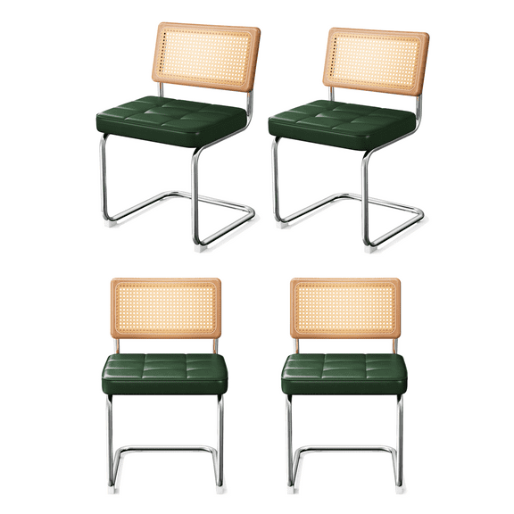 Natural Rattan Dining Chairs Set of 4, Modern Dining Room Chairs with Solid Wood Back for Kitchen Living Room, Century Breuer Design Inspired, Upholstered Faux Leather (Green)
