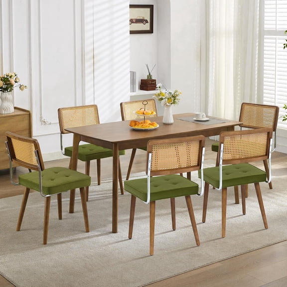 Natural Rattan Dining Chairs Set of 6, Velvet Upholstered Kitchen Chairs with Tall Cane Backrest and Strong Wood Legs for Dining Room, Kitchen, Restaurant, Green