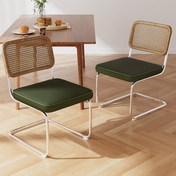 Natural Rattan Dining Chairs Set of 2, Modern Dining Room Chairs with Solid Wood Back for Kitchen Living Room, Linen Fabric Dining Room Chairs