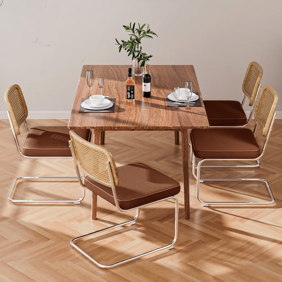 Natural Rattan Dining Chairs Set of 4, Modern Dining Room Chairs with Solid Wood Back for Kitchen Living Room, Linen Fabric Dining Room Chairs