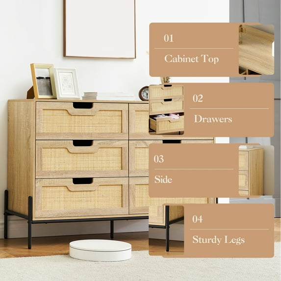Natural Rattan Dresser, 47.2 Inch Large Wide 6 Drawer Dresser, Modern Wood Storage Organizer for Closet, Living Room, Bedroom Oak