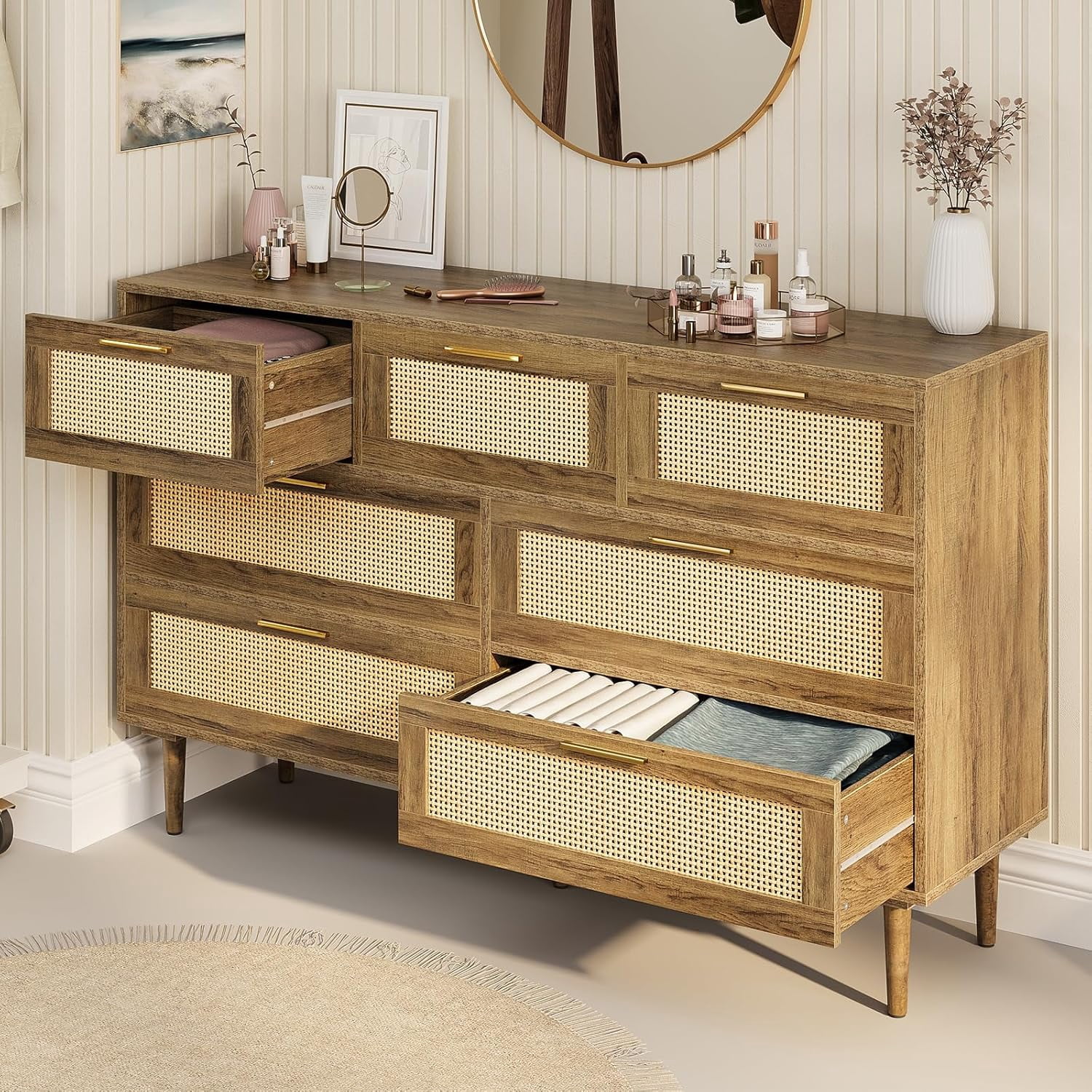 Natural Rattan Dresser for Bedroom 7 Drawer Wide Dresser Boho Chest of Drawers Modern Wood ...