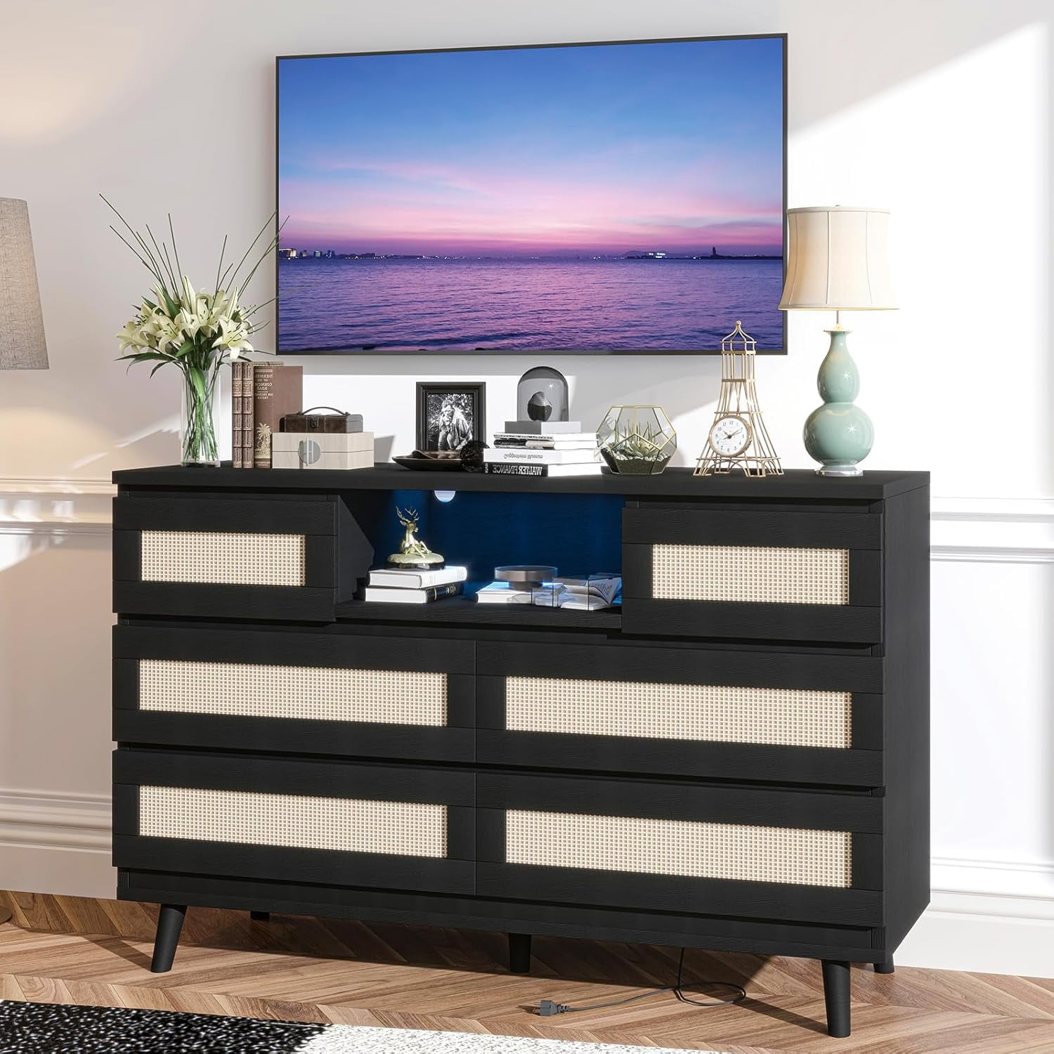 Black and Natural Rattan Double Dresser with LED Lights and Charging Station