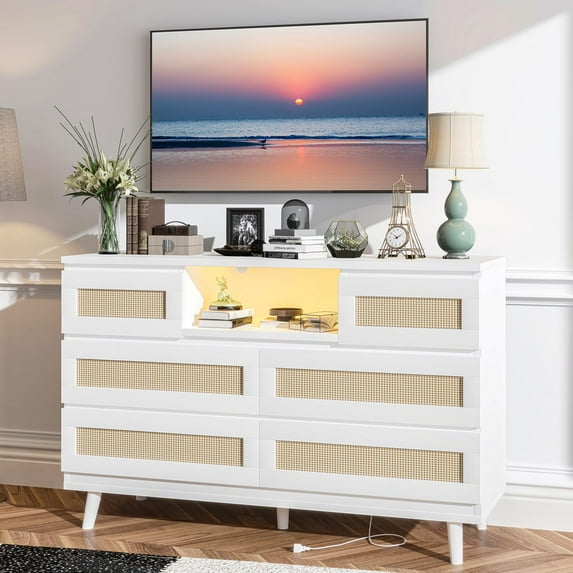 Natural Rattan Dresser for Bedroom with LED Light and Charging Station, 6 Drawer Double Dressers, Modern Wooden Dresser Chest, Beside Table for Closet, Nursery, Living Room