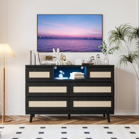 Natural Rattan Dresser for Bedroom with LED Light and Charging Station, 6 Drawer Double Dressers, Modern Wooden Dresser Chest, Beside Table for Closet, Nursery, Living Room, Black