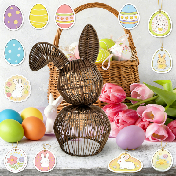 Natural Rattan Easter Bunny, Hand Woven Wicker Basket, Easter Egg Basket for Spring Home Display and Decor