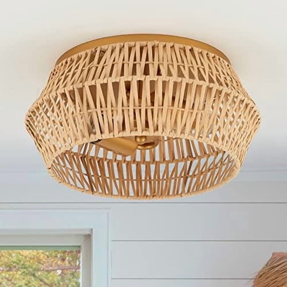 Natural Rattan Flush Mount Ceiling Light Fixture Farmhouse Antique Brass Brush Paint Finish Mini Chandelier for Porch Patio Hallway Foyer Living Room Bedroom Entryway 2-Light$$Tools & Hardware Other