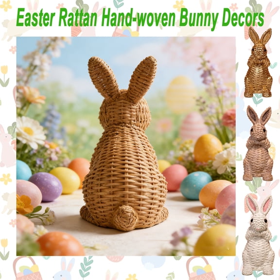 Natural Rattan Hand-Woven Easter Bunny Basket Decor, Wicker Rabbit Ornament for Easter Decorations, Pastoral Spring Farmhouse Accent for Indoor Outdoor Porch Tabletop Home Display, HAODEJW