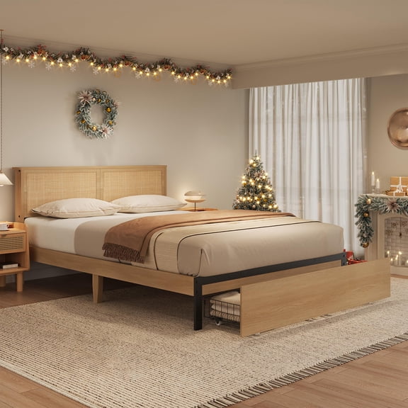 Natural Rattan Headboard Platform Bed Full Size, 2 Storage Drawers, 1000 lbs Support, Noise-Free, No Box Spring