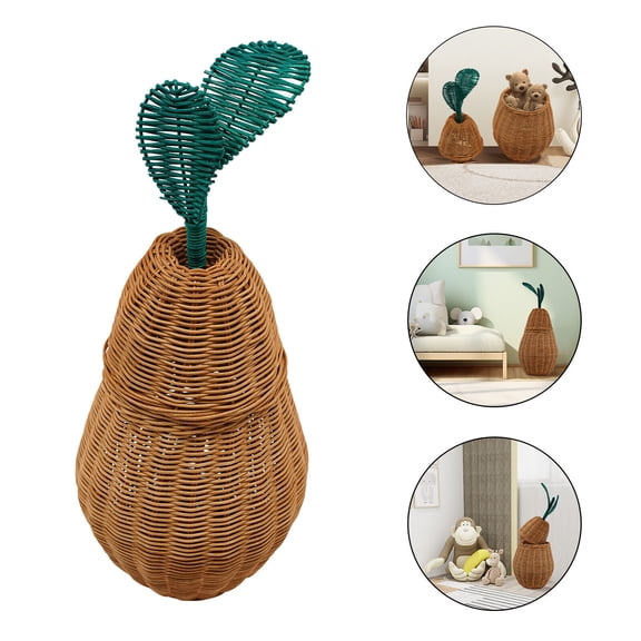 Natural Rattan Pear Shape Storage Basket Hand Woven Home Decor Wicker Organizer Bin w/ Lid
