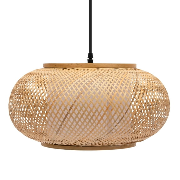 Natural Rattan Pendant Light, 16inch φ Height Adjustable Hand-Woven Wickerwork Chandelier 1-Light Hanging Ceiling Light Fixture Beige
