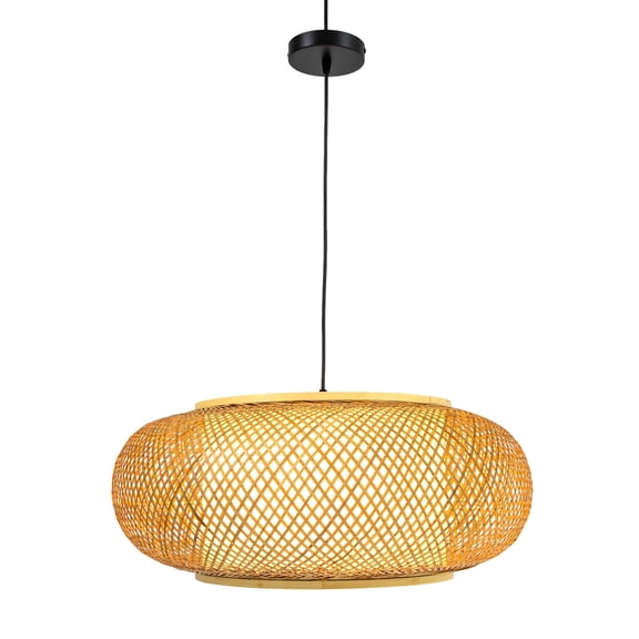 Natural Rattan Pendant Light, 23.5 inch φ Height Adjustable Hand-Woven Wickerwork Chandelier 1-Light Hanging Ceiling Light Fixture Beige