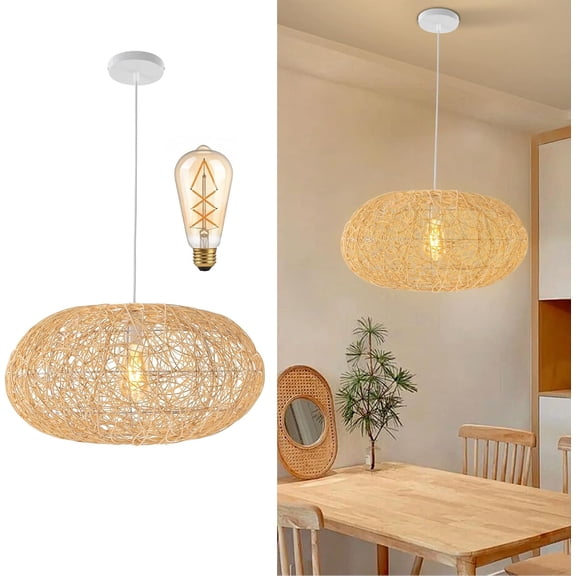 Natural Rattan Pendant Light Woven Lantern Chandelier Pendant Lamp Farmhouse Adjustable Hanging Ceiling Lighting Handmade Lampshade for Dining Room Living Room