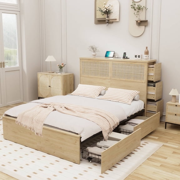 Brafabhome Boho Rattan Queen Beds with Charging Station Headboard, Farmhouse Wood Bed Frame With 10 Storage Drawers for Bedroom Apartment Hotel, No Box Spring Needed | Beige