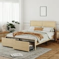 thumbnail image 1 of Natural Rattan Queen Bed Frame with Wooden Headboard and 2 Storage Drawers and LED Light, Boho Cane Bed Metal Platform Bed with Strong Wooden Slat, Noise Free, 1 of 6