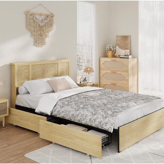 Natural Rattan Queen Bed Frame with Wooden Headboard and 4 Storage Drawers Boho Cane Bed Metal Platform Bed with Durable Wooden Slats No Box Spring Needed Noise Free