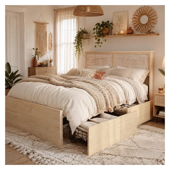 Natural Rattan Queen Bed Frame with Headboard, 4 Storage Drawers