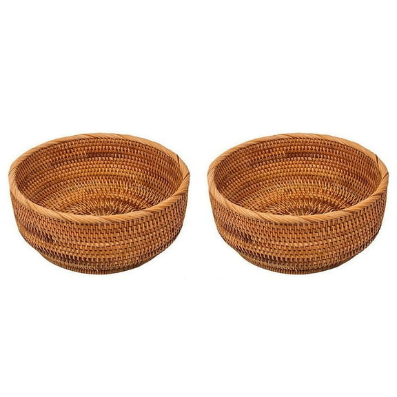 Natural Rattan Round Fruit Basket Wicker Tabletop Bread Serving Tray Weaving Food Storage Bowls(Large, 2Pcs)