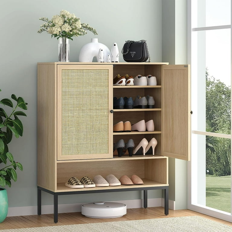 Natural Rattan Shoe Cabinet, 5-Tier Shoe Rack Storage Organizer with Doors,  Metal Legs, Entryway Shoe Cabinet for Modern Heels, Boots, Entrance